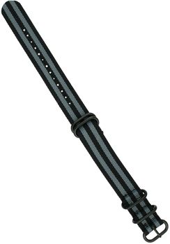 Pasek do zegarka NATO 006 w kolorze czarnym i szarym. Nylonowy, parciany, długość 26 cm, szerokość 20 mm. Idealny do zegarków sportowych i codziennych..jpg